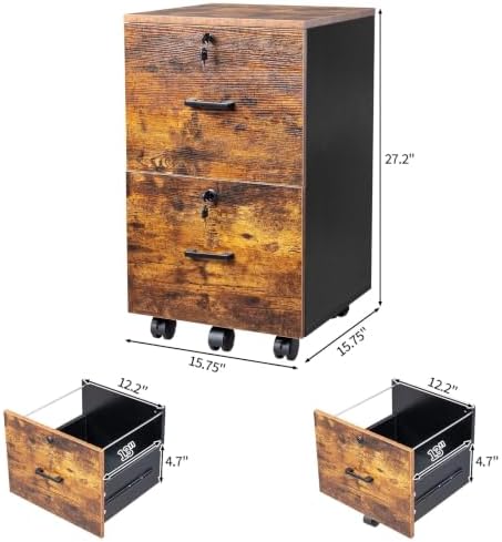 VINGLI 2-Drawer Small Rolling File Cabinet with Lock, Wood Filing Cabinet for Hanging Letter Size Filings with Tabs, Mobile Under Desk File Cabinets for Home Office, Rustic Brown, 27.2" H