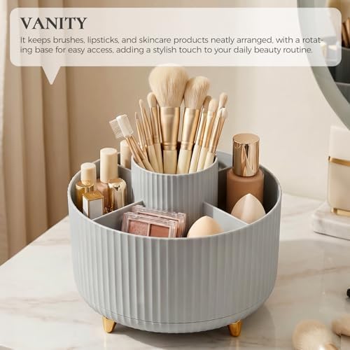 KONVINIT Pencil Pen Holder for Desk, 5 Slots 360-Degree Rotating Desktop Organizer, Cute Desk Organizers and Accessories for School, Home, Office and Art Supply, Grey