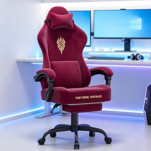 Ferghana Velvet Gaming Chair, 20.5 Inch Extra Wide Seat, Fire Embroidery Ergonomic High Back Computer Chair with Footrest, Massage Lumbar Support Reclining Gaming Chair for Adults, Red