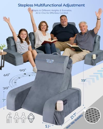 Kayfia Reading Pillow, 30-90° Stepless Adjust Angle & Height, Large, Grey