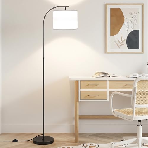 SIBRILLE Floor Lamp with Linen Shade, Arc Dimmable Tall Standing Lamp with Remote Control, Modern Floor Reading Light for Living Room Bedroom Office Corner, 9W LED Bulb Included