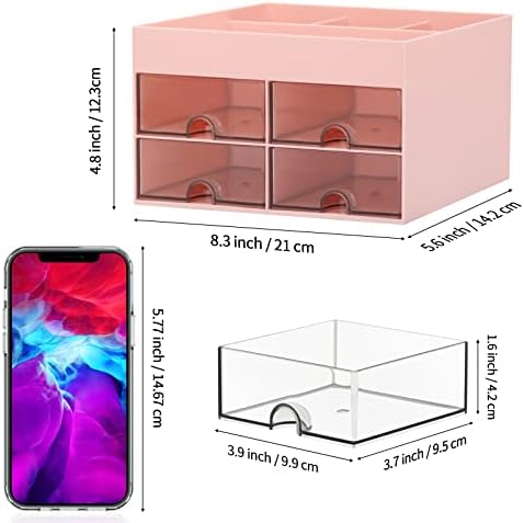 LETURE Office Desktop Organizer with Drawer, Desk Top Accessories Stationary Organizer Desk Caddy, Pen/Pencil/Business Card/Sticky Note Tray/Paperclip Holder Storage Box (Pink)