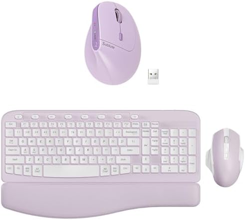 SABLUTE Purple Ergonomic Keyboard and Vertical Mouse Bundle, Wireless Wave Keyboard(2 AA Batteries powered) with Cushioned Wrist Rest and Rechargeable Vertical Mouse, Aesthetic Desk Setup for Home Off