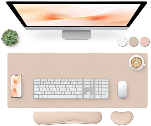 Bloss Leather Desk Pad and Keyboard Wrist Rest, Large Mouse Pad + Keyboard Pad+Mouse Wrist Support, Non-Slip Desk Mat Protector for Office, Home(27.6" x 13.8", Beige)