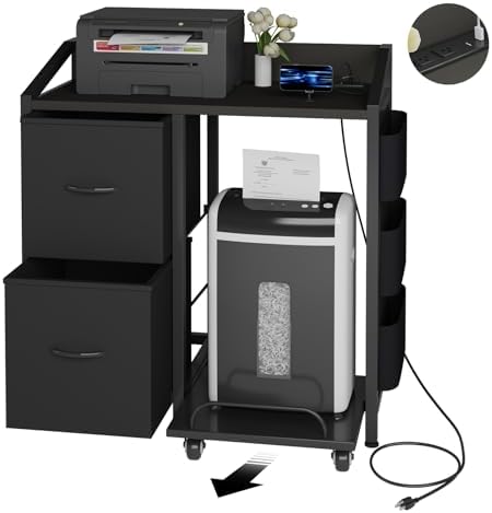 Printer Stand with Storage, Lateral Office Filing Cabinets with Power outlets & USB Charging Port, File Cabinet with Large Printer Stands for Home Office, Shredder Stand Rack (Black)