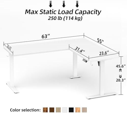 TIQLAB L Shaped Standing Desk Adjustable Height, Electric Corner Standing Desk, 63 x 55 inch Sit Stand Computer Table with Splice Board, White