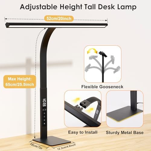 LED Desk Lamp for Office Home: Pomodoro Timer Table Light with Base 1600 Lumen Bright - 5 Color Stepless Dimming for Reading Study Drafting