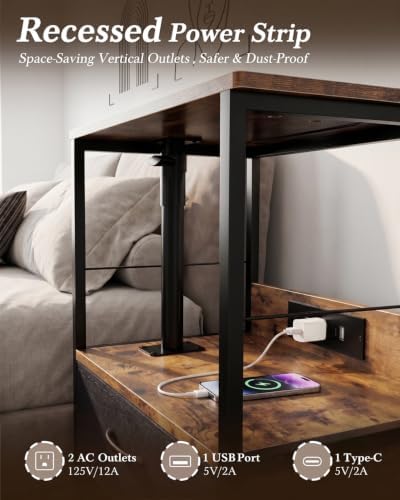 Faesun Night Stand with Charging Station & Swivel Top, Brown Black