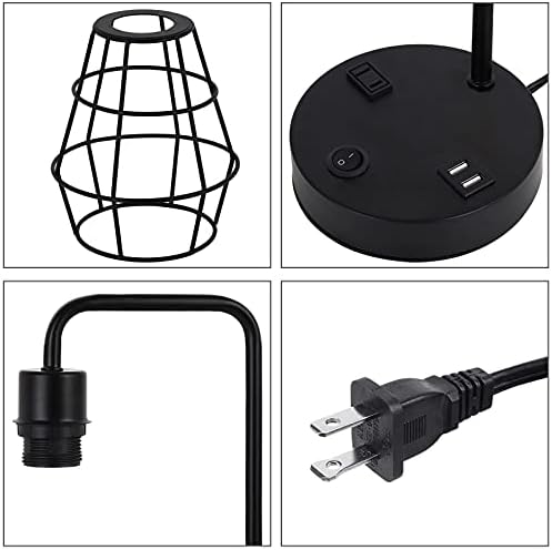 BTY USB Edison Table Lamp Set of 2, Bedside Nightstand Desk Lamps with Dual USB Charging Ports and 2 Prong AC Outlet Metal Wire Cage Industrial Reading Table Lamp for Bedroom Living Room Farmhouse