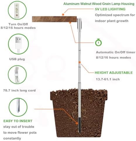 yadoker Grow Light for Large Indoor Plants, Full Spectrum LED Plant Light, Height Adjustable for Tall Plants, Auto On/Off Timer, 5V Safe Low Voltage Walnut Grain Grow Lamp for Home & Office