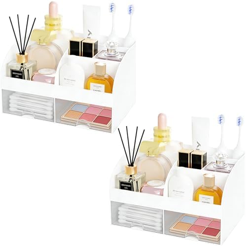 Makeup Organizer with 2 Drawers, Cosmetic Storage for Dresser Vanity and Bathroom Countertop,Make up organization and Skincare Storage with Beauty Brush Holder, Cosmetic Display Case 2Pcs White