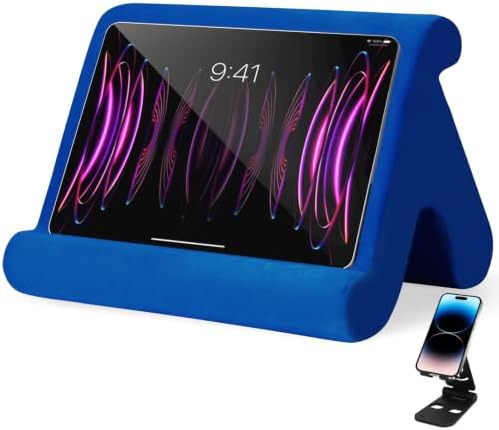 Universal Multi-Angle Tablet Stand Holder-Soft Pad Stand with black phone holder for Lap,Knee,Sofa and Bed,Compatible with iPad Pro 9.7,10.5,12.9 Air Mini 4 3,Kindle,Galaxy Tab,E-Reader (Blue)