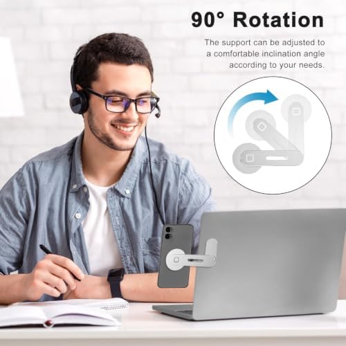 Foldable Magnetic Laptop Side Phone Mount, Adjustable Mag‑Safe Compatible Expansion Bracket for iPhone 12‑17 and Smartphones, Slim Portable Dual‑Screen Office Holder, Silver