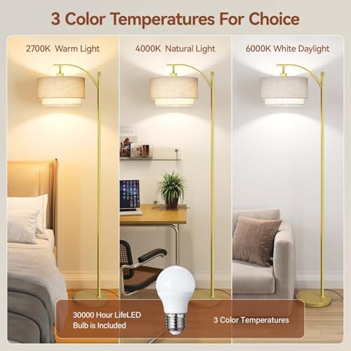 SUNMORY Floor Lamps for Living Room with 12W LED Bulb, Arc Lamp with 3 CCT