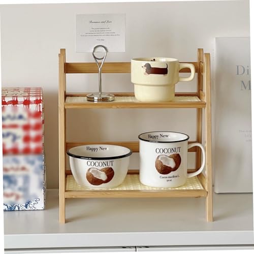 Desktop Organizer, Desk Organizer Shelf, 10.6x7.1x11.2 Inch 2 Tier Rattan Wood Desktop, Flower Pot Stand for Office, Home