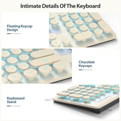 surmen Cute Quiet Keyboard Wired Retro Typewriter, Full Size Soft Keyboards with Number Pad, Round Keys, Backlit USB for Office, Desktop, Laptop (Beige)