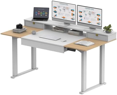 SANODESK Electric Standing Desk with Drawers, 63 x 32 inch Height Adjustable Computer Desk, Home Office Stand Up Desk with 3 Preset Heights, White