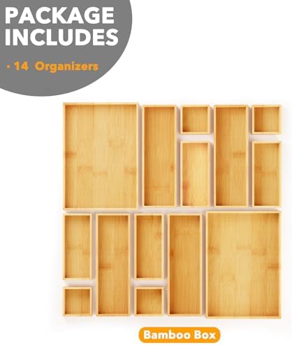 SpaceAid 14-Piece Bamboo Drawer Organizer Storage Boxes Set, Wood Tray Junk Drawer Organizers Multi-Use Divider Bins for Kitchen, Bathroom, Office Desk and Makeup Organization (14 Pack, Natural)