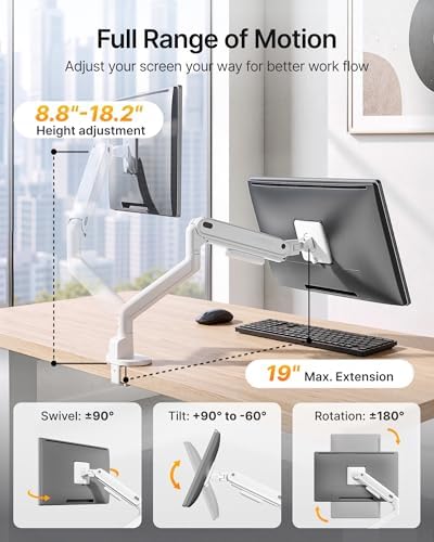 monTEK Aluminum Single Monitor Arm, 26.4 lbs, 17–40" Full Motion，White