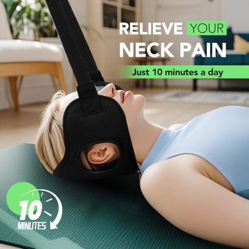 WEEOATAR Adjustable Neck Traction Stretcher Strap for Pinched Nerves, Portable and Easy to Use with Release Buckle, Neck Decompression Device with Ear Hole for Indoors or Outdoors (Black 2)