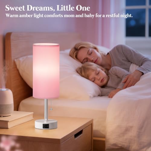 Dicoool Pink Bedside Table Lamp for Girls Bedroom - USB A+C Charging Ports