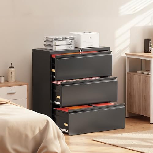 Superday Lateral File Cabinet 3 Drawer Metal File Cabinet with Lock, Black Filing Cabinets for Home Office, Locking Filing Cabinets Hanging Files Letter/Legal/F4/A4