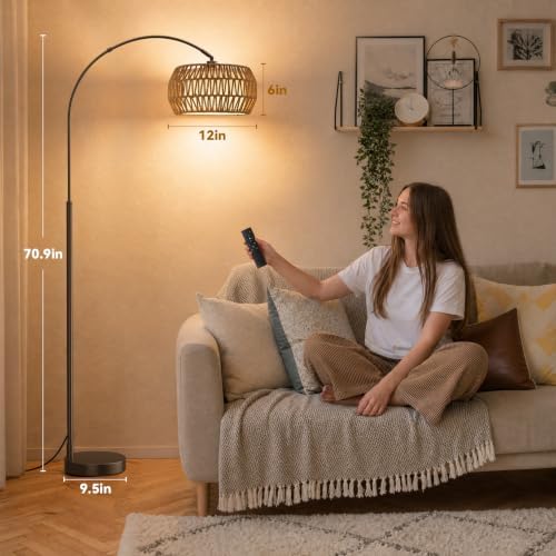 Ambimall Boho Arc Floor Lamp, Color Temp and Brightness Adjustable, Brown
