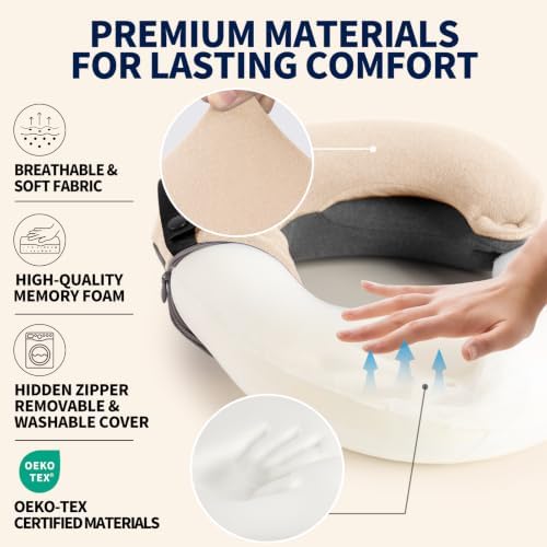 BUYUE Kids Travel Pillows for Airplane, Memory Foam 360° Head Support Sleeping Essentials for Long Flight, Skin-Friendly Soft Neck Pillow for Traveling in Car Seat, (Small, Beige Grey, 40-90 lbs)