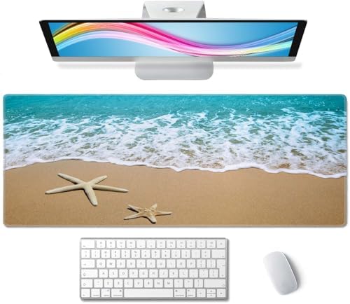 Beach Starfish Desk Pad Mouse Pad,Large Gaming Mouse Mat with Stitched Edges,Non-Slip Waterproof Rubber Base Mous Mat for Office Computer Keyboard Laptop Home(31.5X11.8 in)