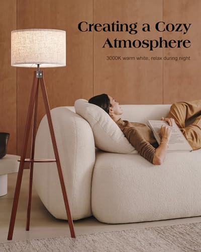ELYONA Mid Century Floor Lamp with 3 Color Temperatures LED Bulb, Modern Wood Tripod Table Reading Standing Light, Wooden Shelf Floor Lamp for Farmhouse Living Room Bedroom Office Linen Shade Brown