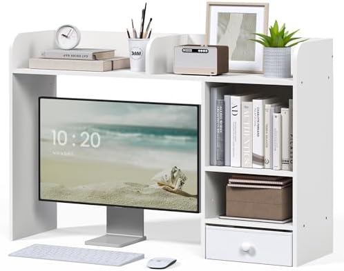 LAND·VOI Desktop Bookshelf with Drawer, Desk Hutch with 4 Storage Shelves for Computer Desk, Desk Shelf for Home Office Dorm, Dressing Tabletop, Bar Countertop, White