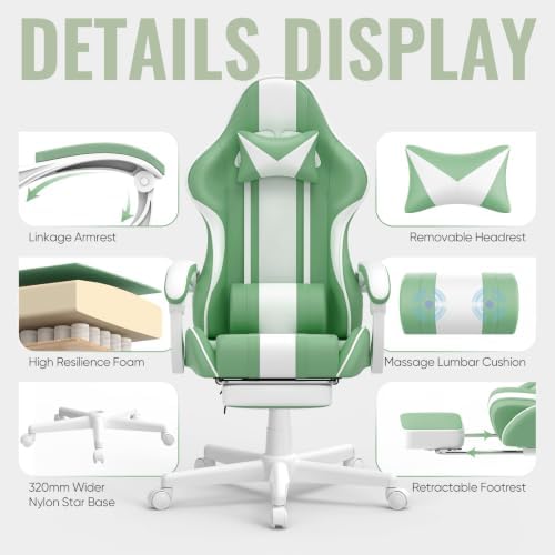 Ferghana Gaming Chairs, Ergonomic Racing Style PC Game Computer Chair with Headrest Lumbar Support Adjustable Recliner PU Leather Video Computer Chair(Light Green)