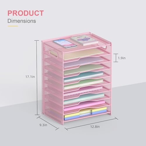 OUTWOLF 10 Tier Paper Organizer - Letter Tray Mesh Desk File Organizer with Handles for Office School Desktop, Pink