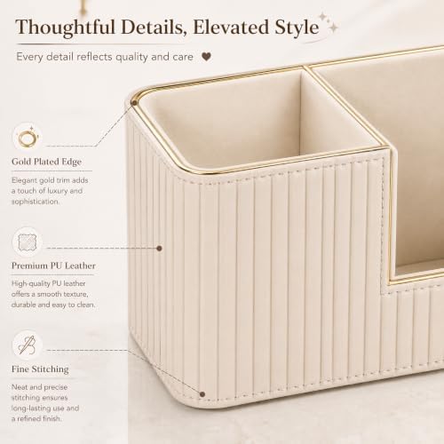 KINGFOM Luxury PU Leather Desk Organizer for Office Accessories, Aesthetic Pen Holder for Desk, Modern Desktop Storage Organizer for Women Home Office Supplies, Beige with Gold Trim