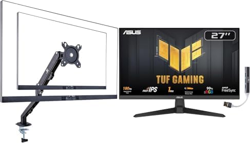ASUS TUF Gaming 27" FHD IPS Monitor with 1ms Response Time, 180Hz Refresh Rate, Anti Glare, Flicker Free, VESA Mount (100mm), Displayport, HDMI, Black Color w/DKZ Hub & ErgoFlexy Single Mount Arm