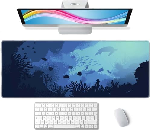 Blue Ocean Big Turtle Gaming Mouse Mat, XL 31.5 x 11.8 Inch Ocean Theme with Turtle Design, Extended Long Thin Desk Pad for Keyboard Mice, Thin Blue Mouse Pad