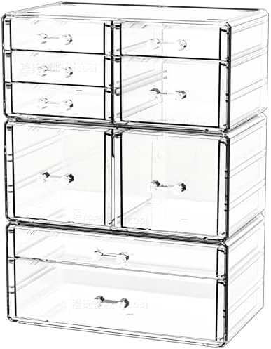 Cq acrylic Clear Stackable Storage Drawers,Plastic Makeup Organizer and Bathroom Storage Bins WIth 9 Drawers For Make up,Medicine,Craft,Pen,Beauty and Office Supply Organizer