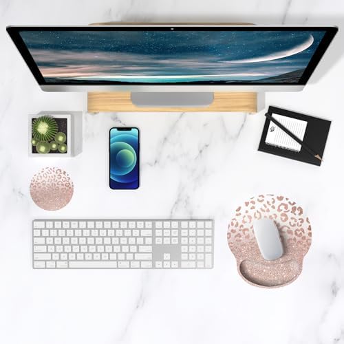 ITNRSIIET Ergonomic Mouse Pad with Wrist Support Wrist Rest Smooth Surface Non-Slip Rubber Base Comfortable Office Supplies Pain Relief, 9.8 x 9.1 inches, Rose Gold Leopard Print