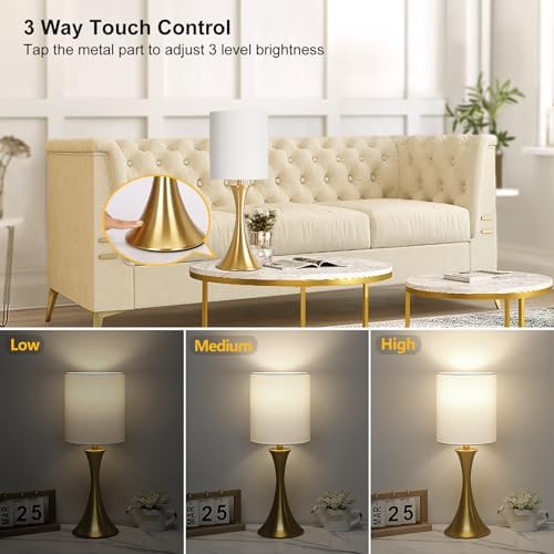 Gold Bedside Lamp Touch Control Table Lamp for Bedroom, 3-Way Dimmable Nightstand Lamp with White Shade, Modern Table Lamp for Living Room, Minimalist Desk Lamp for Dorm, Home, Office, Bulb Included