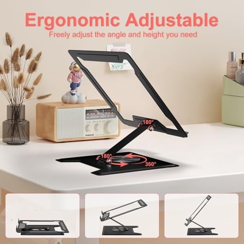 Adjustable Ergonimic Foldable Tablet Stand for Desk with 360 Rotating Base,Compatible with iPad/iPhone Portable Monitor Between 9-17 Inches for Office Desk,Black