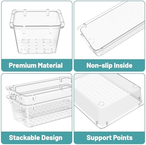WOWBOX 16 PCS Clear Plastic Drawer Organizer Set, 4 Sizes Desk Drawer Organization and Storage Containers for Makeup, Cosmetics, Jewelry and Gadgets in Kitchen, Bathroom, Bedroom, Office, Clear