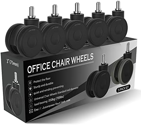 Office Chair Wheels casters 3 inch Silent Chair Wheels for Hardwood Floors and Carpet, Heavy Duty with Standard stem 7/16″* 7/8″(11mm*22mm), Load Capacity 600 Lbs Set of 5-3 Inch