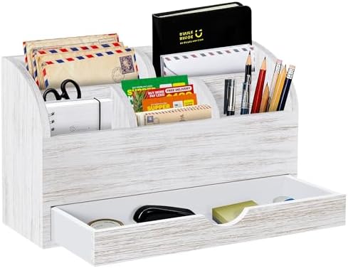 Wood Mail Organizer with Drawer & Pen Holder, White Mail Holder with 5 Detachable Compartments, Desk Organizer for Bill Envelope Storage, for Office Entryway Kitchen Countertop