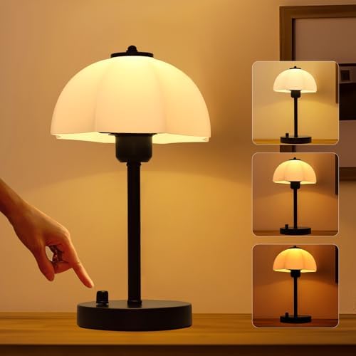 Glass Shade Table Lamp for Bedroom, Stepless Dimmable Bedside Lamps, Small Table with Premium Frosted Glass Shade, Desk Lamp Nightstand Lamp for Living Room, Bedroom, Office, Reading LED Bulb Included