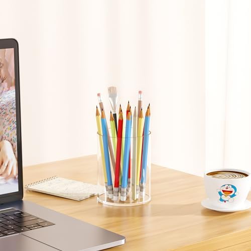 Clear Acrylic Pen Holder Round Shape, Desktop Pencil Cup Holder, Countertop Stationery Organizer for Office Desk Accessory