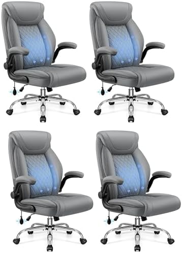 BestGlory Executive Office Chair with Lumbar Support, Big and Tall Ergonomic Computer Desk Chair, Leather Comfy High Back Gaming Chair with Flip Up Arms & Rocking Function for Home Office, Gray