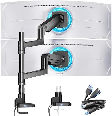 ARES WING Stacked Dual Vertical Monitor Arm with USB A/C for 17 to 49 Inch