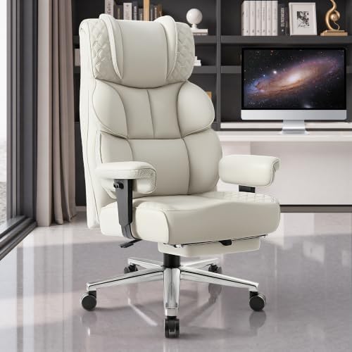 BestGlory Office Desk Chair, Big and Tall Leather Gaming Chair with Footrest, Ergonomic Comfy Executive High-Back Reclining Computer Chairs, Wide Swivel Rolling Wheels and Padded Lumbar Support, White