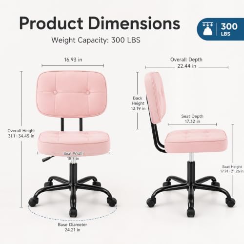 Armless Drafting Chair, Ergonomic PU Leather Home Office Computer Task Chair with Lumbar Support, Height Adjustable Swivel Rolling Chair for Small Spaces, Vanity, Bedroom, Study, Living Room, Pink