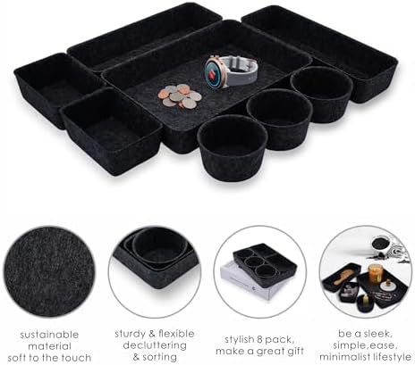 Welaxy office desk drawer organizer tray Storage Bin 8pc Sleek Carbon Box